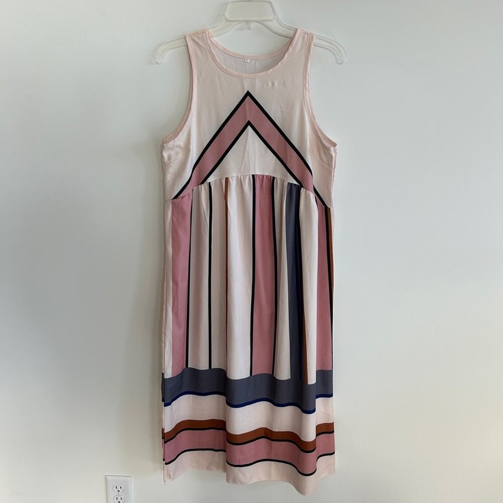 ✨ Pink/Gray/Camel/Blue/Black Striped Crewneck Sleeveless Midi Dress Size Large